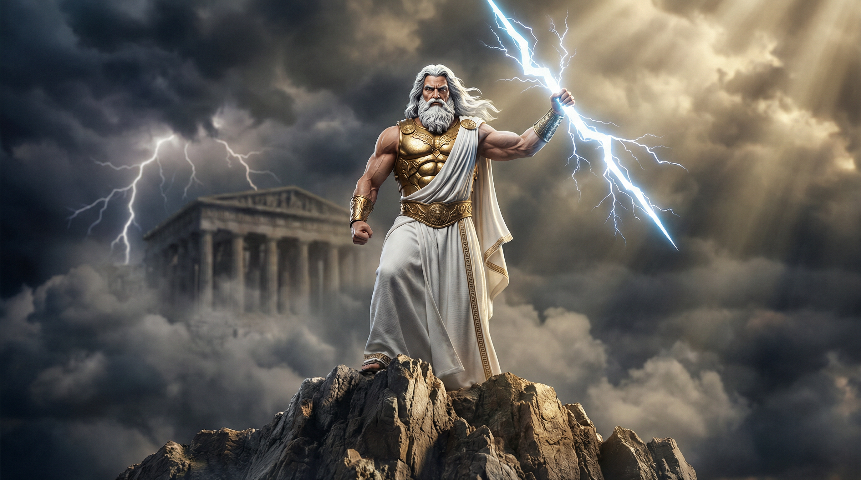 Zeus, the Olympian god of thunder, wielding a lightning bolt.